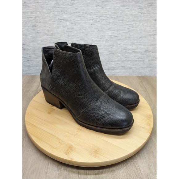 Sorel Womens Cate Cut Out Ankle‎ Boots Black Leather Block Heel Suede Size 8.5 - Picture 1 of 10
